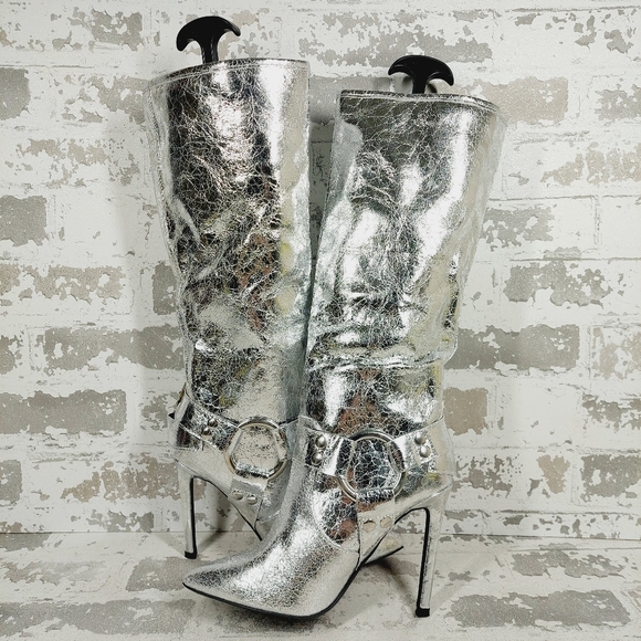 New Wild Diva Look At Me Silver Faux Leather High Heel Harness Knee Boots K759 - Picture 4 of 11